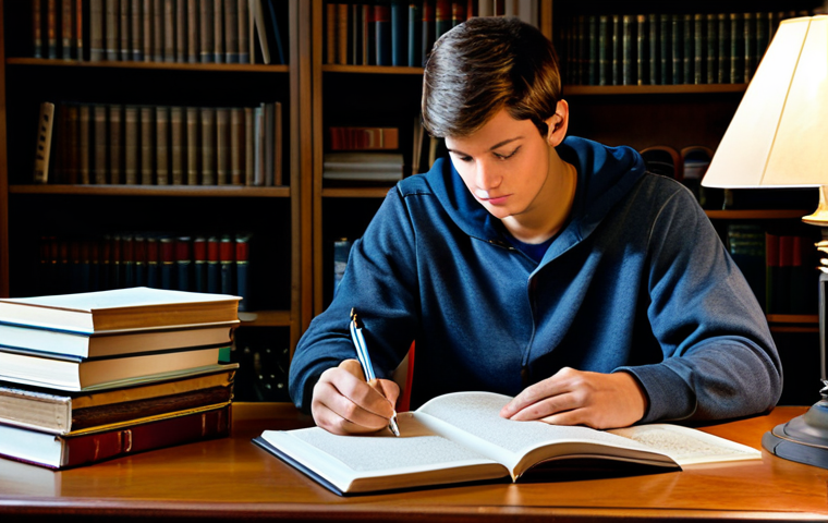 변호사 시험 준비용 추천 온라인 강의 - Studying at a Desk**

"A student fully clothed in casual wear studying diligently at a desk with law...