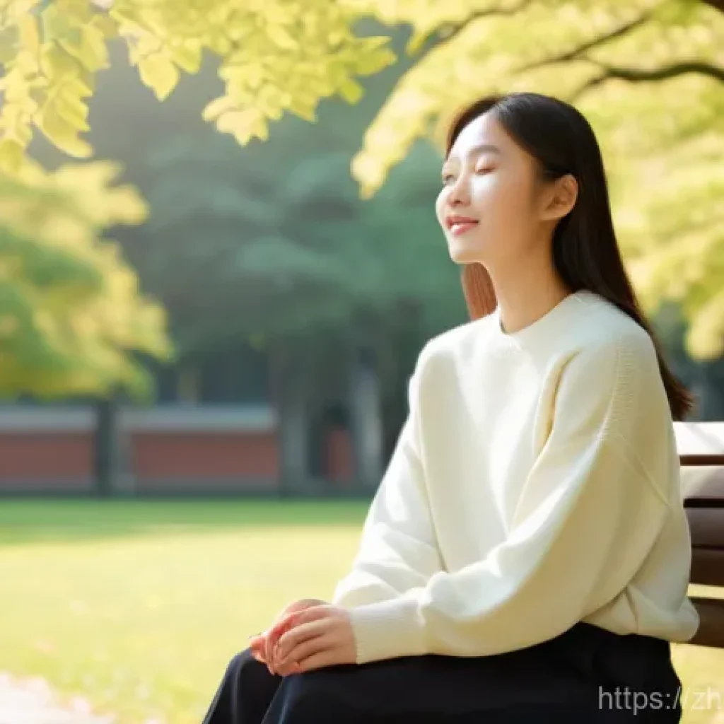 변호사 시험 준비에서의 동기 유지법 - **Mindset Reset in a Serene Park:**
"A photorealistic image of a young East Asian female student...