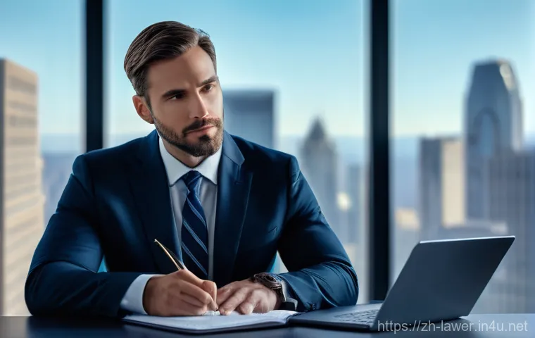 변호사 이직 면접에서 자주 묻는 질문 - **Prompt:** A diverse male lawyer in his late 30s, dressed in a sharp business suit and tie, sits th...