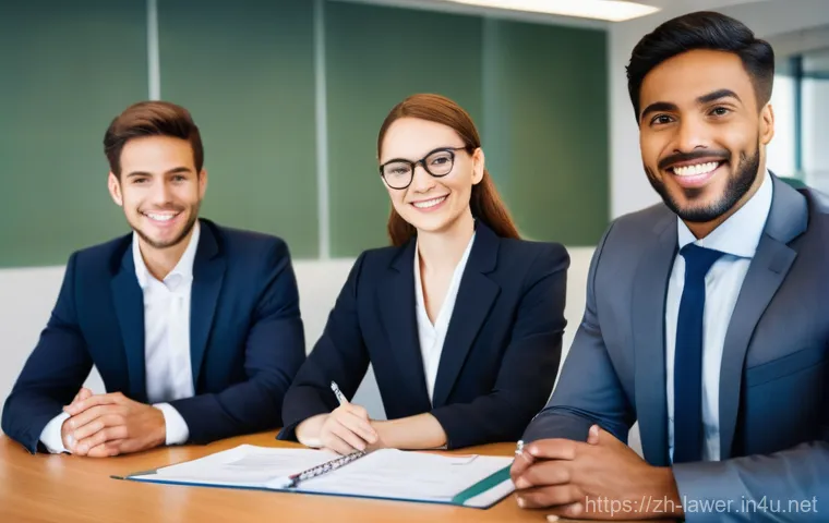 변호사 자격 취득 후 중소 로펌 입사 사례 - **Prompt:** A young, diverse male or female lawyer, dressed in professional business attire, stands ...