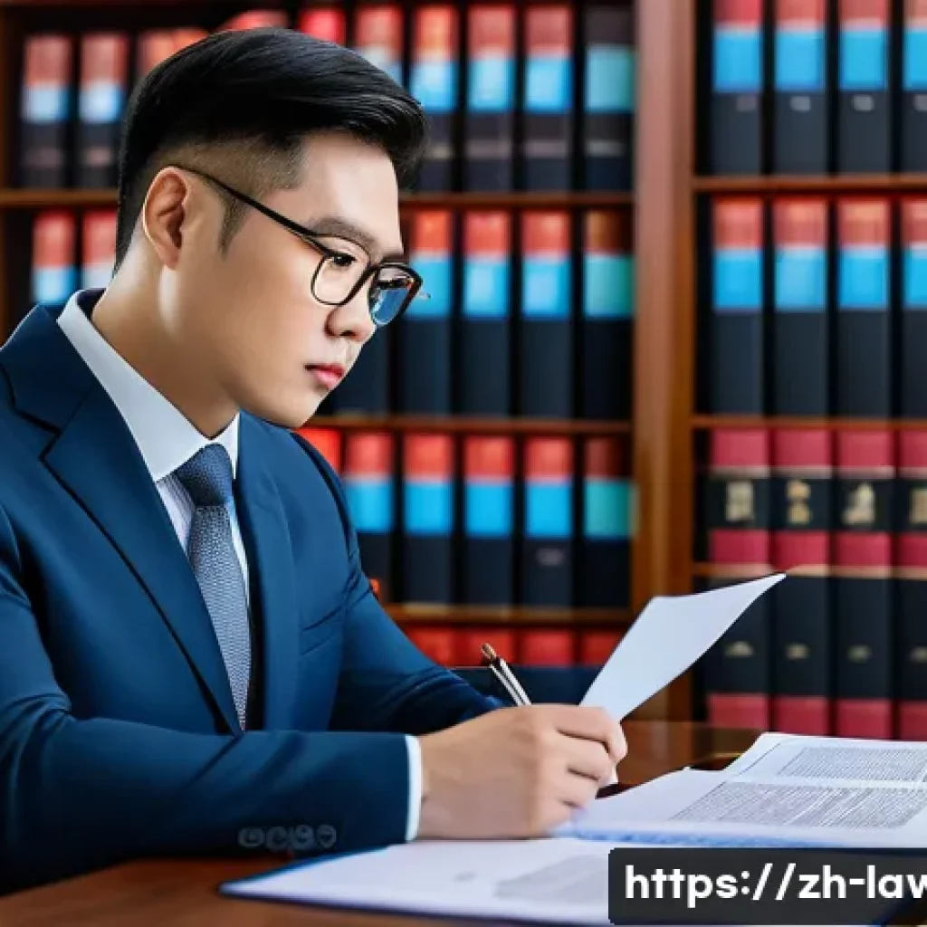 변호사로 일하며 주의해야 할 점 - A professional Chinese lawyer in a modern office, meticulously reviewing a detailed contract documen...