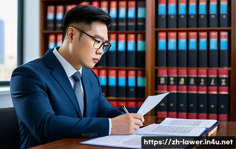 변호사로 일하며 주의해야 할 점 - A professional Chinese lawyer in a modern office, meticulously reviewing a detailed contract documen...