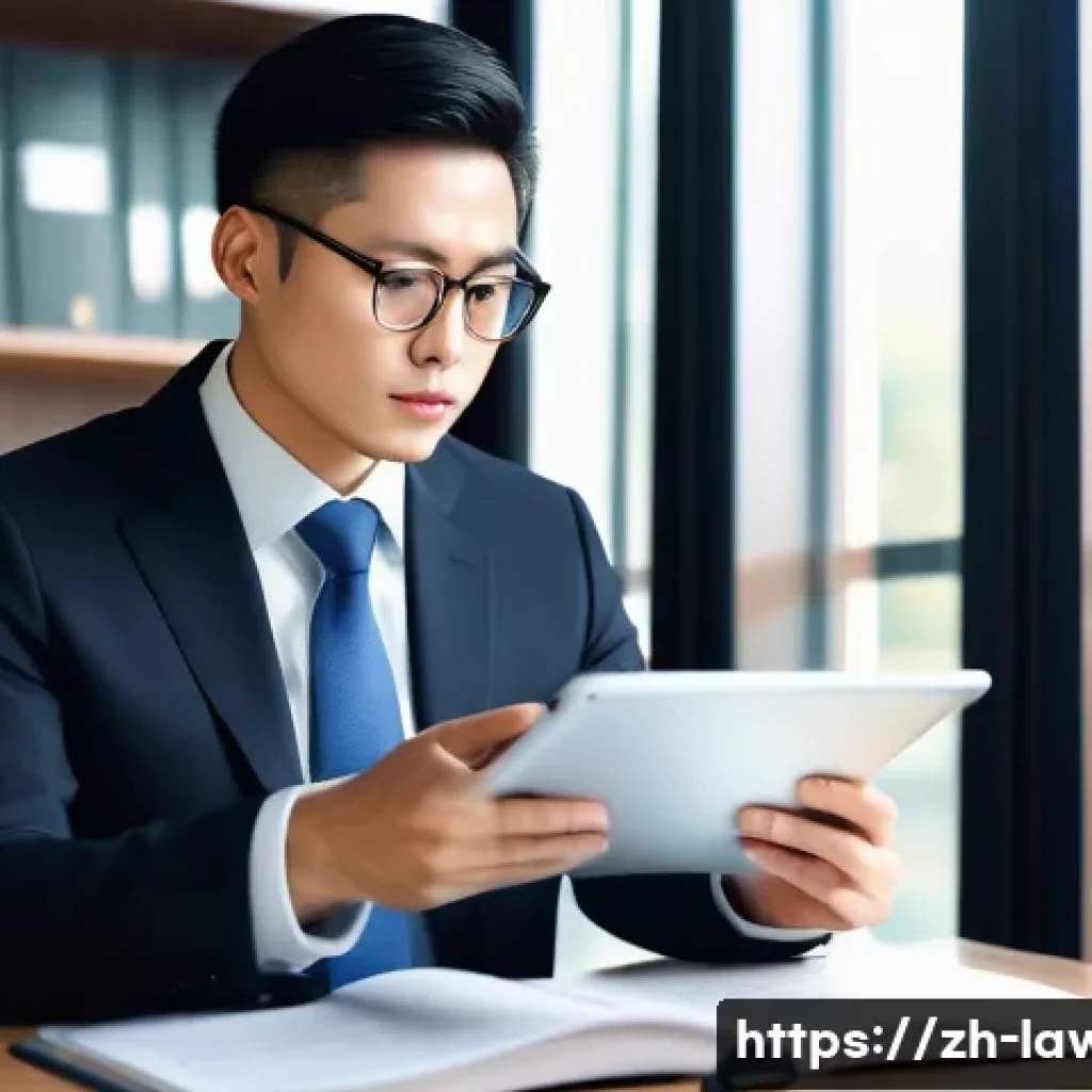 법률 변호사로서의 자기계발 방법 - A modern Chinese lawyer in a sleek, professional office setting, wearing a tailored dark suit and gl...