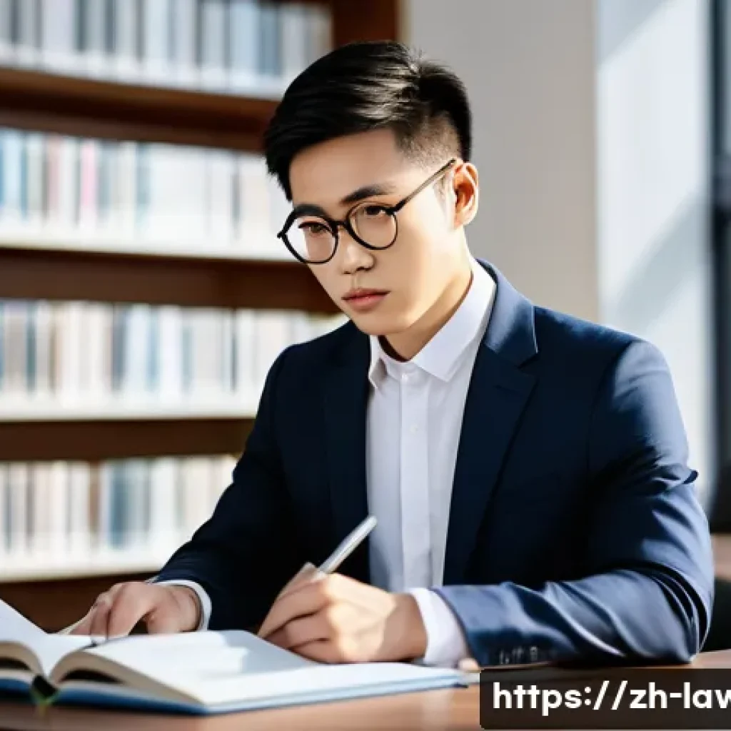 변호사 자격 취득을 위한 장학금 정보 - A focused young Chinese law student wearing a neat business suit and glasses, sitting at a desk in a...