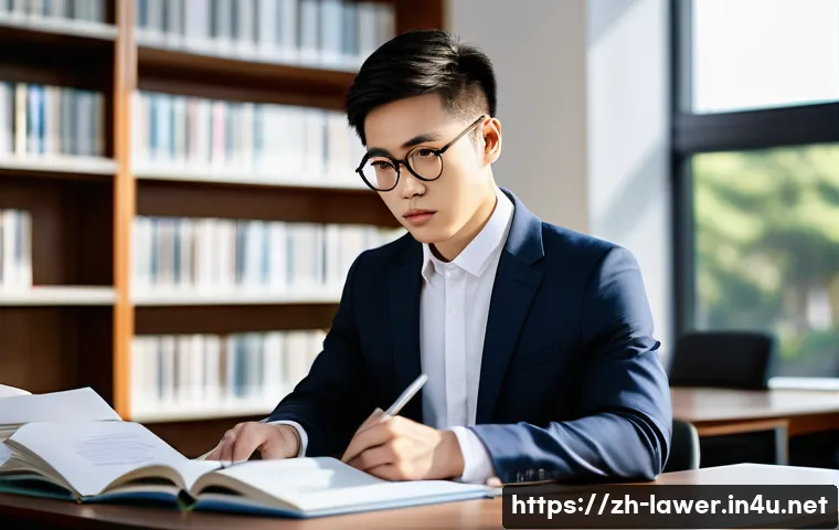 변호사 자격 취득을 위한 장학금 정보 - A focused young Chinese law student wearing a neat business suit and glasses, sitting at a desk in a...