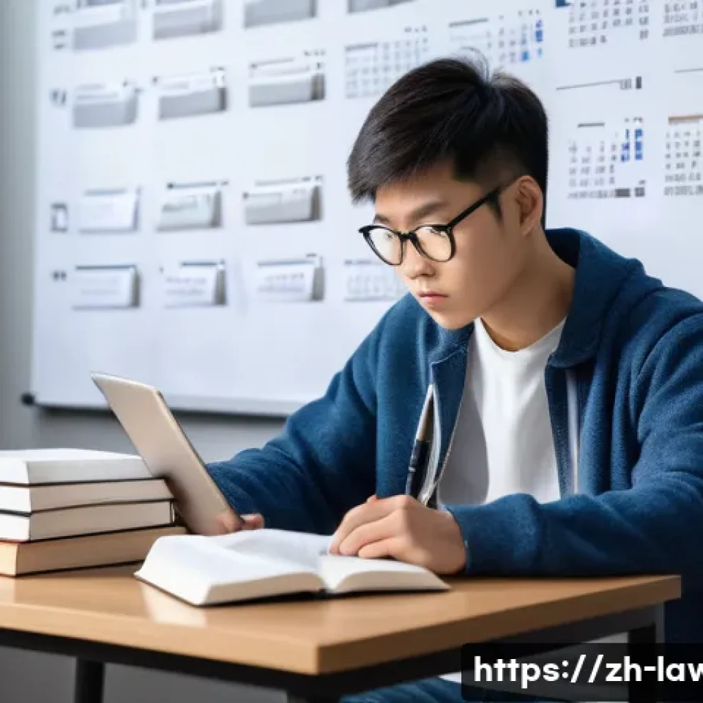 변호사 시험 준비 기간별 계획 - A modern study room scene featuring a young Chinese student in casual attire, focused intently on a ...