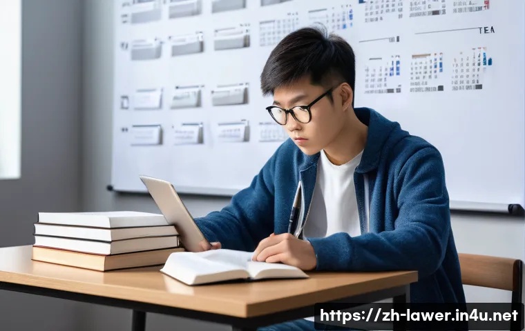 변호사 시험 준비 기간별 계획 - A modern study room scene featuring a young Chinese student in casual attire, focused intently on a ...
