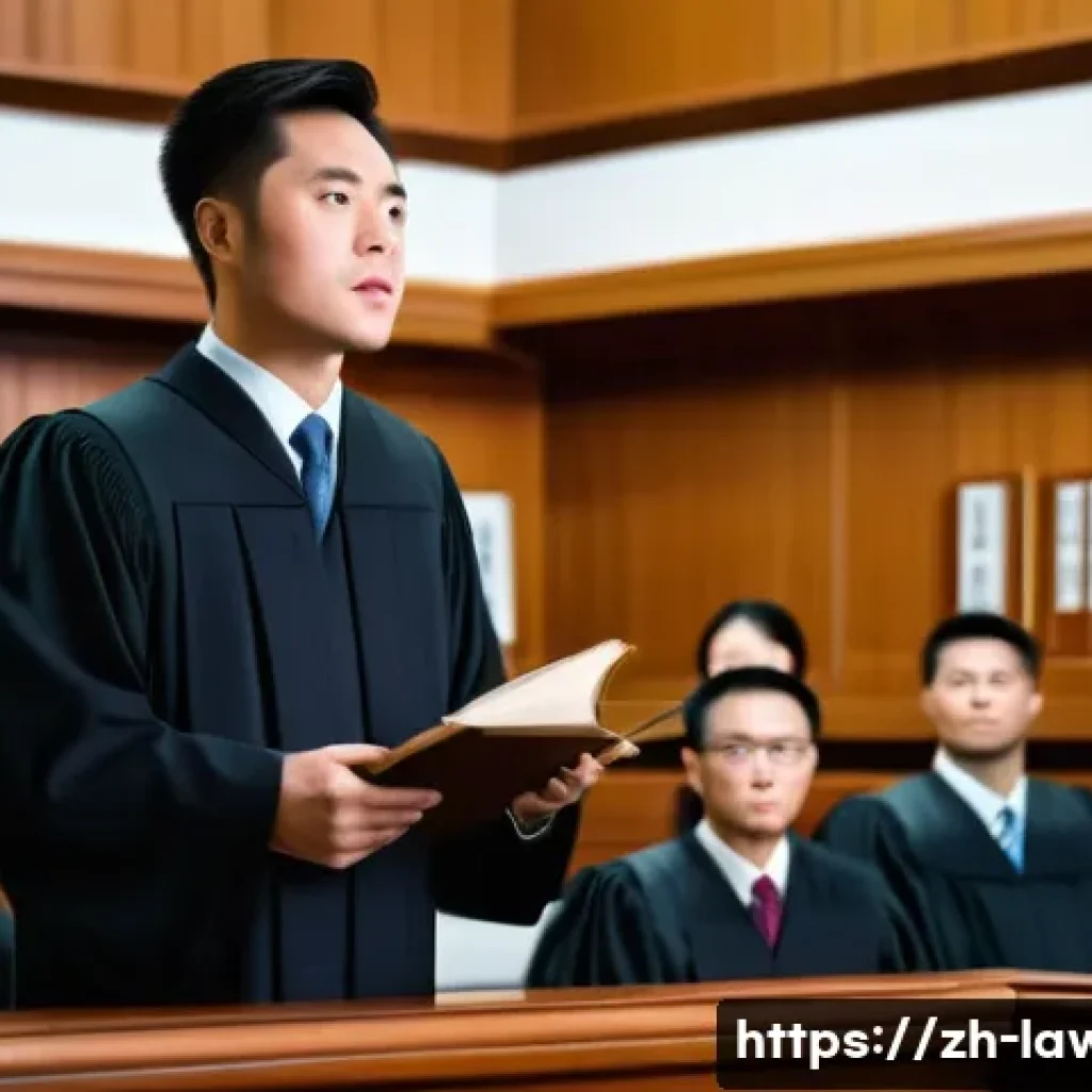 변호사 자격 취득 후 첫 업무 사례 - A modern Chinese courtroom scene with a young confident male lawyer in business attire, standing and...
