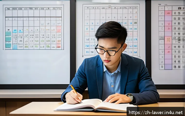 변호사 실기 시험 체크리스트 - A modern Chinese study room with a young adult in casual professional attire sitting at a clean desk...
