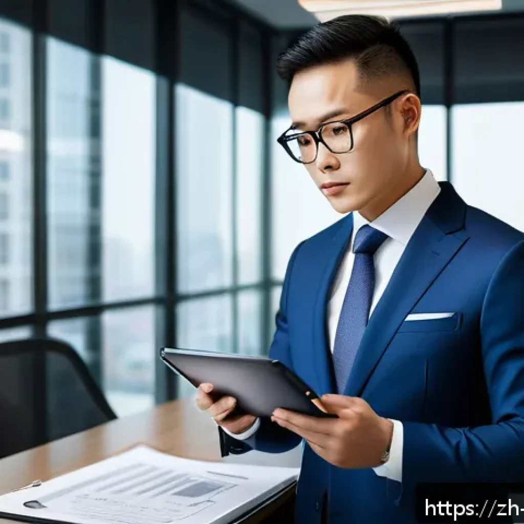 변호사 경력을 활용한 컨설팅 사례 - A professional business consultant in a modern office setting, wearing a stylish suit and glasses, a...