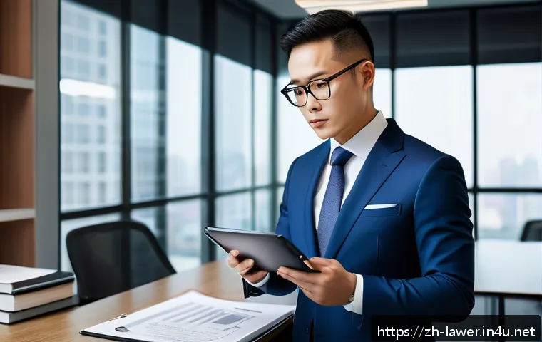 변호사 경력을 활용한 컨설팅 사례 - A professional business consultant in a modern office setting, wearing a stylish suit and glasses, a...
