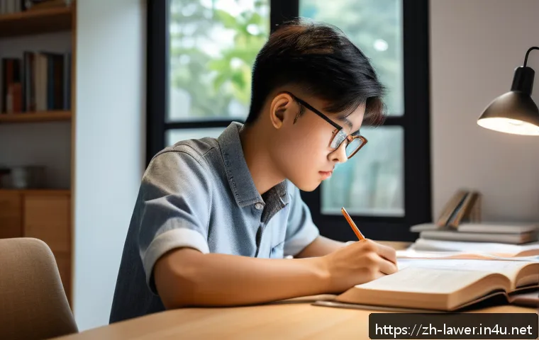 변호사 시험 대비 필수 과목 요약 - A focused young Chinese student studying at a tidy desk in a modern home environment during early mo...