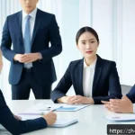 변호사 실무에서의 협상 경험 공유 - A professional negotiation scene set in a modern corporate meeting room, featuring a diverse group o...