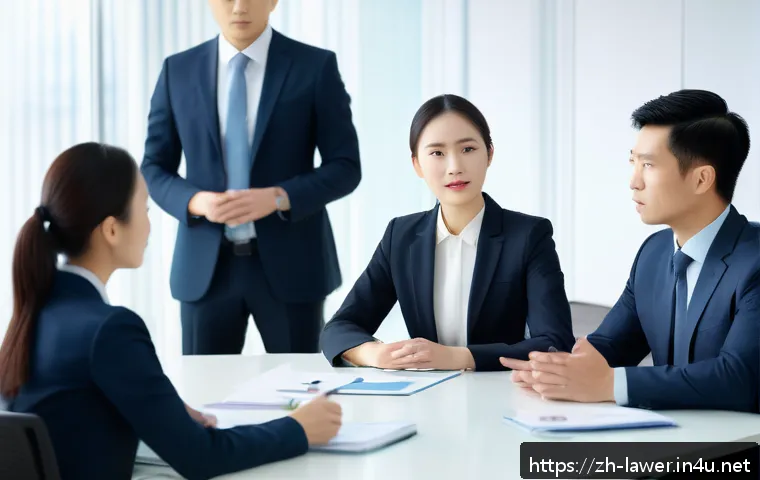 변호사 실무에서의 협상 경험 공유 - A professional negotiation scene set in a modern corporate meeting room, featuring a diverse group o...