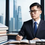 변호사와 법무사의 차이점 - A professional Chinese lawyer in a modern office setting, wearing formal business attire and glasses...