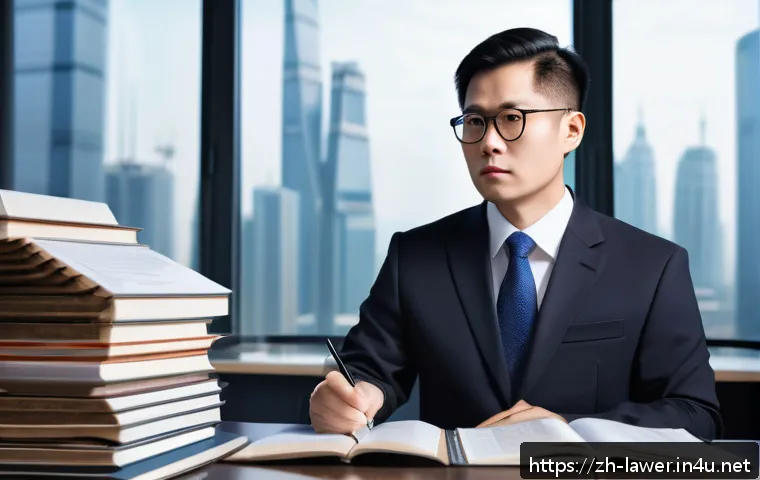 변호사와 법무사의 차이점 - A professional Chinese lawyer in a modern office setting, wearing formal business attire and glasses...