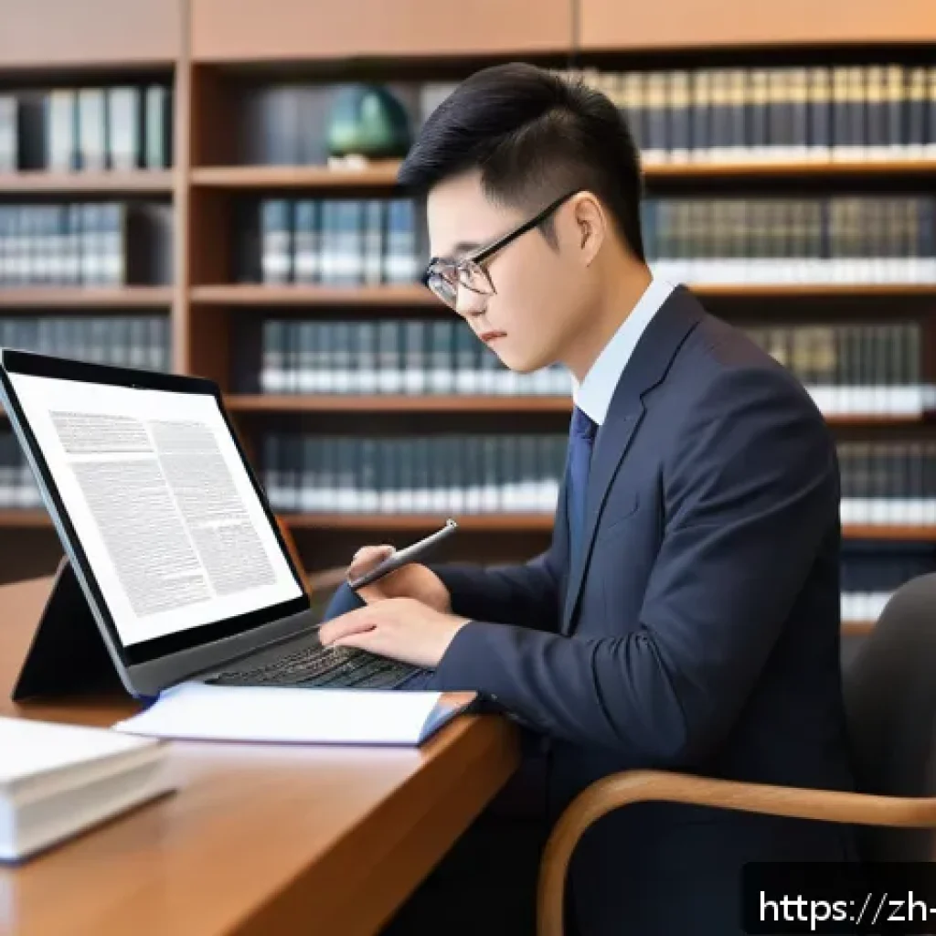 변호사 실무를 위한 참고 도서 - A modern law office scene featuring a young Chinese lawyer in professional attire, attentively study...