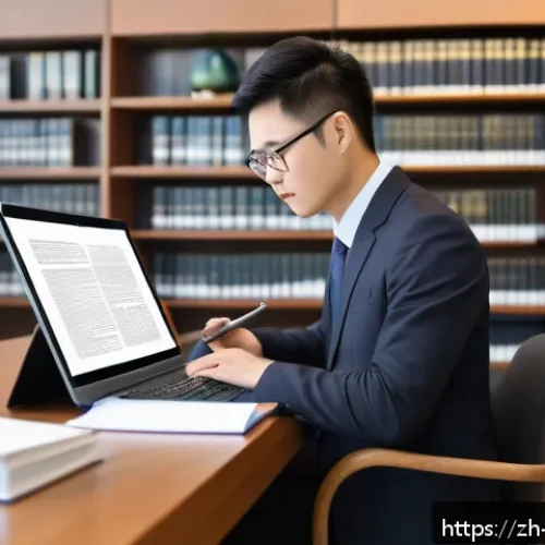 변호사 실무를 위한 참고 도서 - A modern law office scene featuring a young Chinese lawyer in professional attire, attentively study...