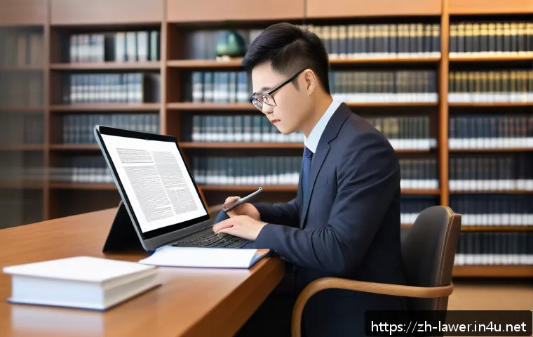 변호사 실무를 위한 참고 도서 - A modern law office scene featuring a young Chinese lawyer in professional attire, attentively study...
