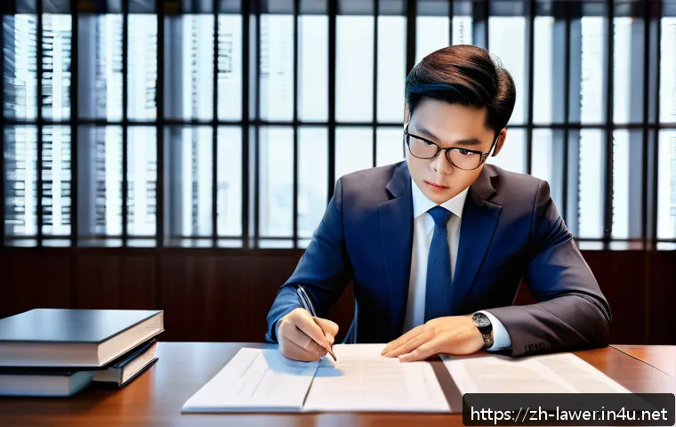 변호사 실무에서 자주 발생하는 문제 - A modern office scene with a professional lawyer carefully reviewing a detailed contract document un...