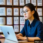 변호사 시험 준비를 위한 명언 모음 - A focused young Chinese woman studying diligently at a modern desk filled with law books, notebooks,...