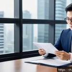 변호사 실무를 위한 사례 분석 - A modern corporate lawyer in a sleek office reviewing detailed contract documents on a digital table...