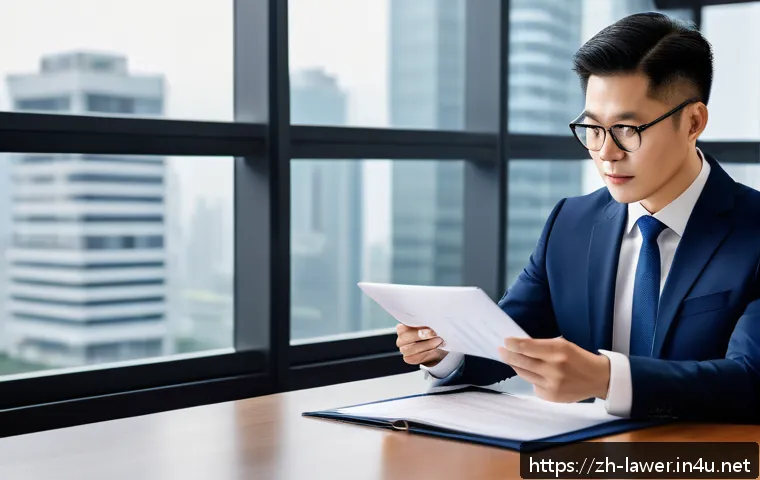 변호사 실무를 위한 사례 분석 - A modern corporate lawyer in a sleek office reviewing detailed contract documents on a digital table...