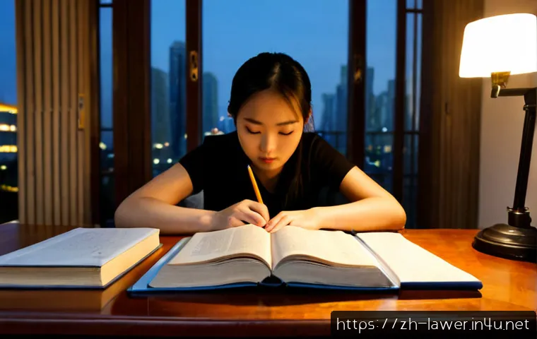 변호사 시험 준비를 위한 동기 부여 - Photorealistic young Chinese law student studying late at a tidy wooden desk, focused expression, op...
