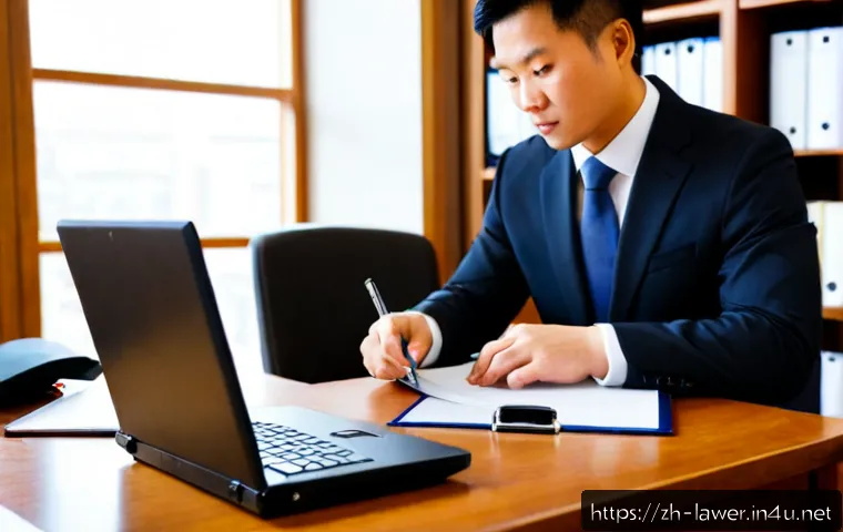 변호사 실무를 위한 필수 스킬 - Photorealistic modern law office scene, confident attorney in professional business attire reviewing...